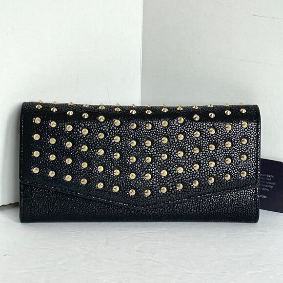 Brian Atwood Clutch Chain Wallet Small Black Leather Crossbody Gold Studded